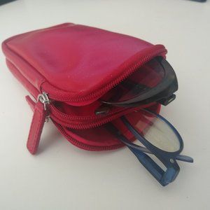 Red faux leather 2 compartment zippered eyeglass case
